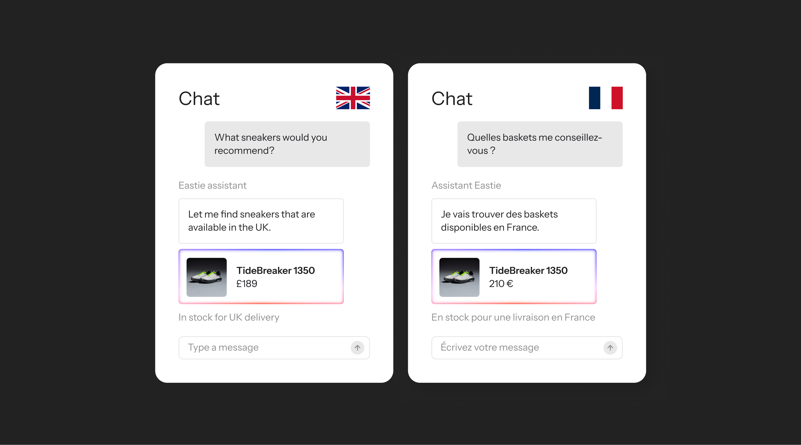 Two chat windows displaying localized sneaker recommendations: one in English for the UK (£189), and one in French for France (210€).