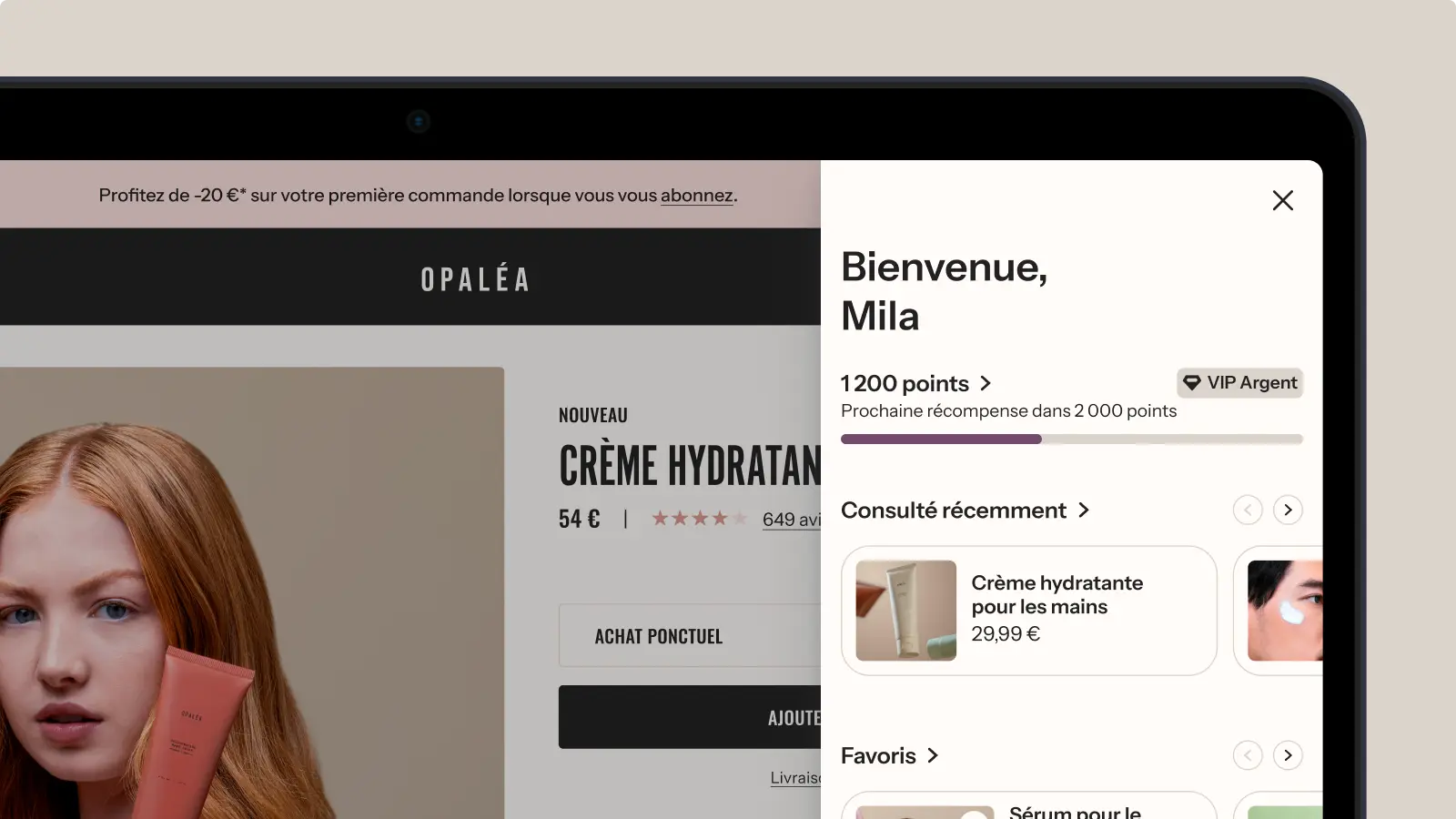 Interface d'un site de vente en ligne Opaléa, affichant une crème hydratante et un tableau de bord client avec points VIP.