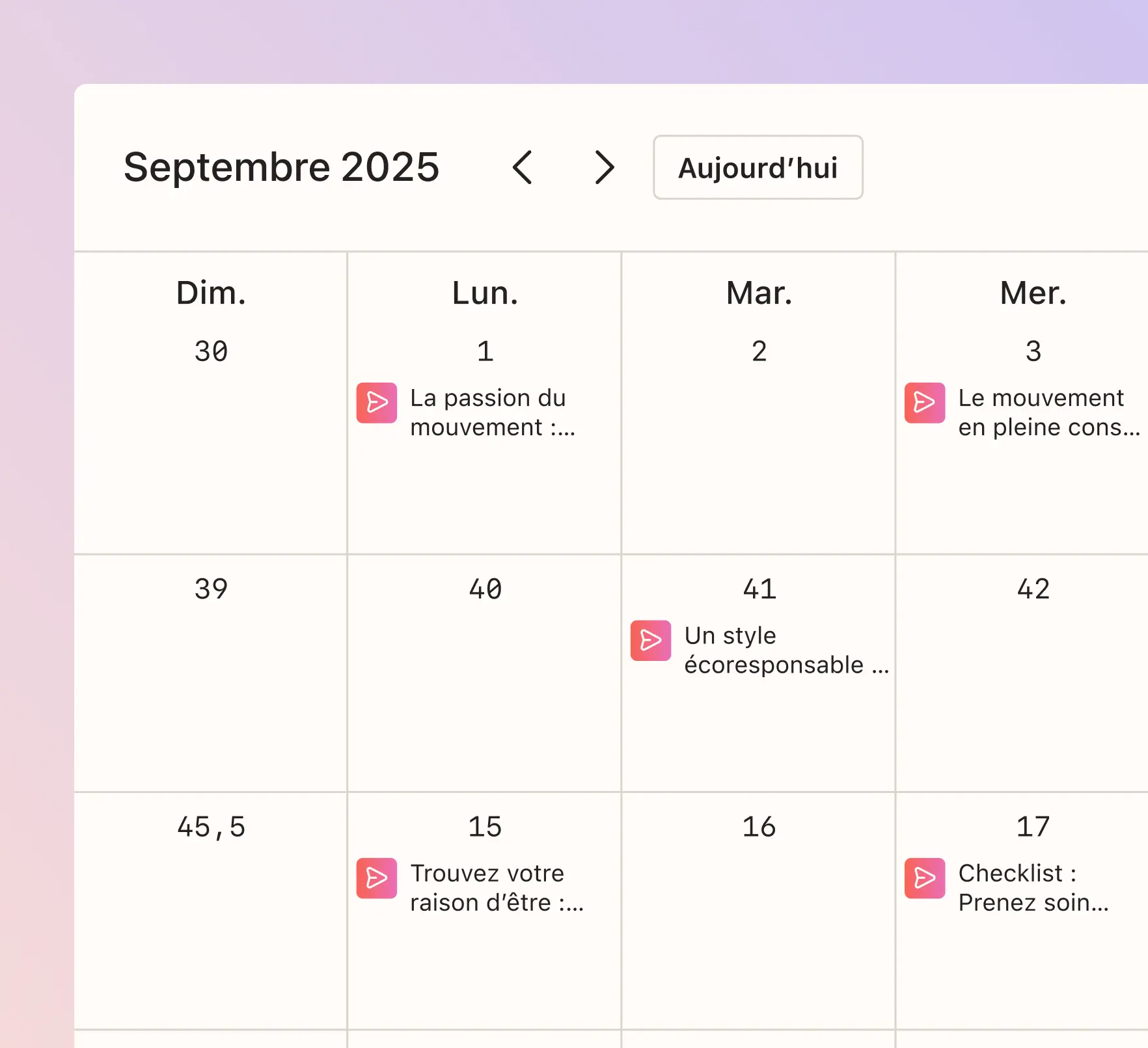 Calendrier de septembre 2025 avec des événements notés les 1, 3, 41, 15 et 17.