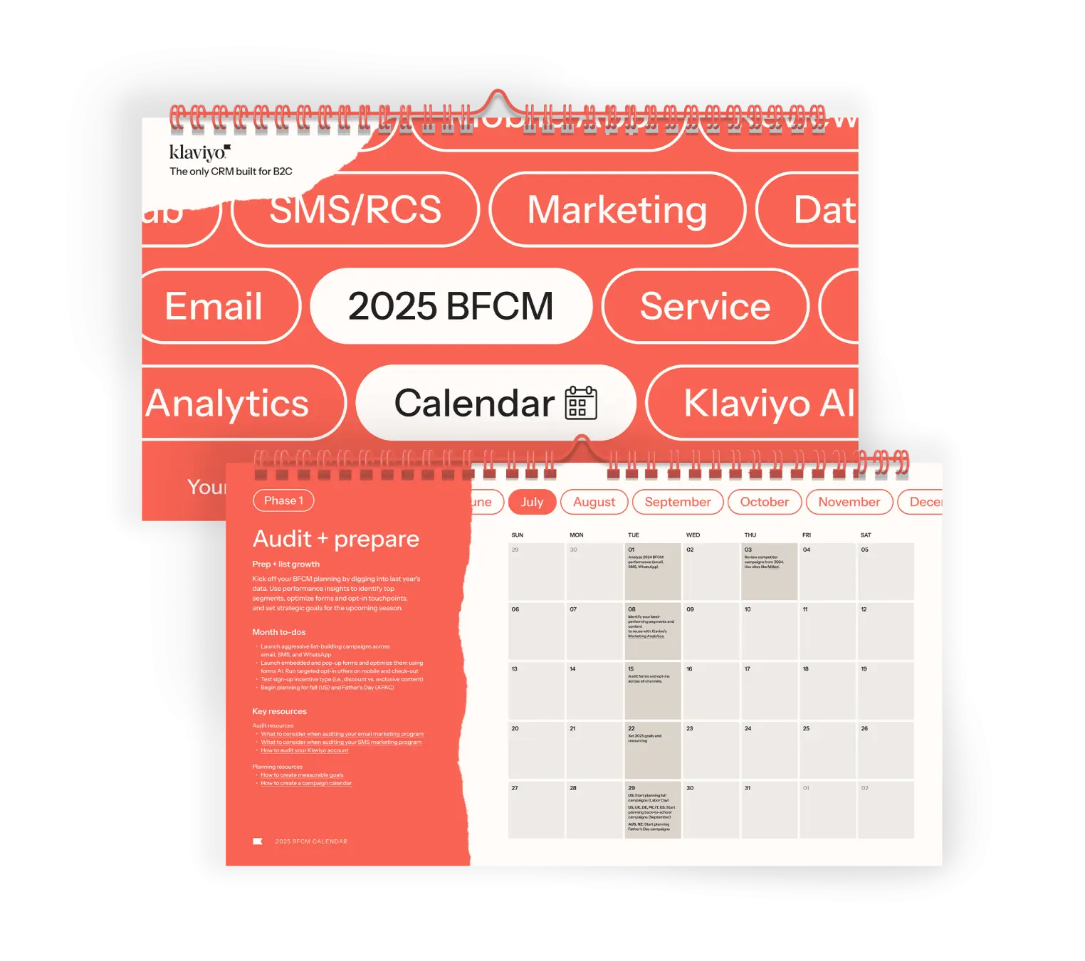 Klaviyo 2025 BFCM calendar with marketing terms like SMS/RCS, Email, and Analytics. Open page shows July with planning tips.