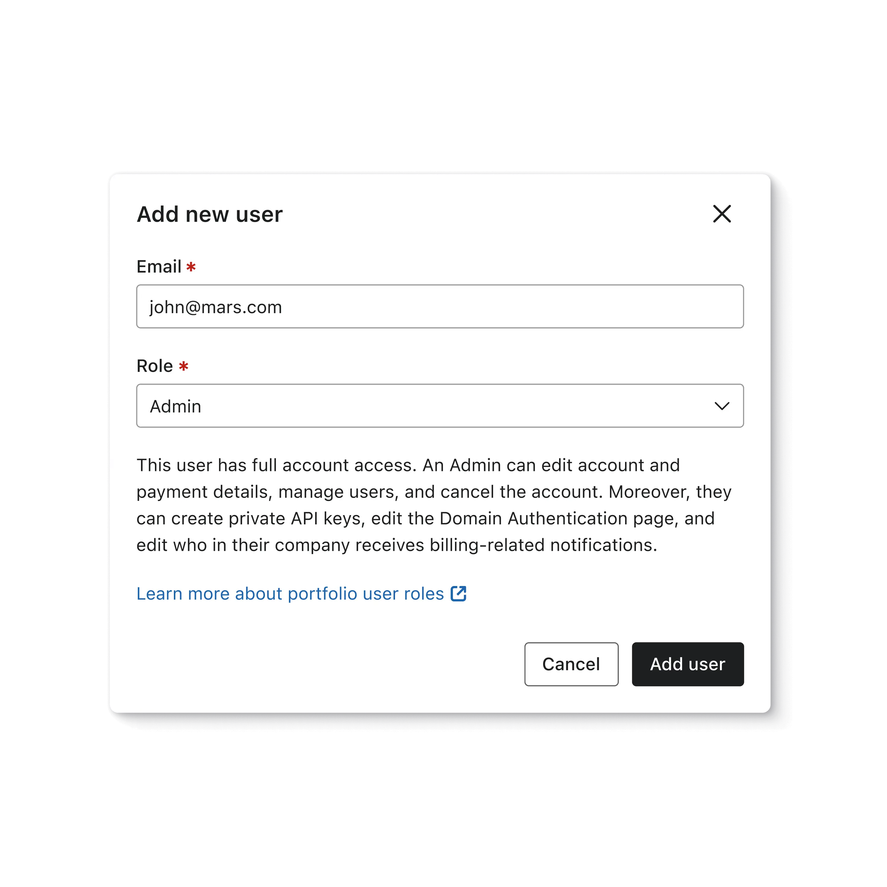 Klaviyo screen for adding new users to your account, with two input fields: email and role.