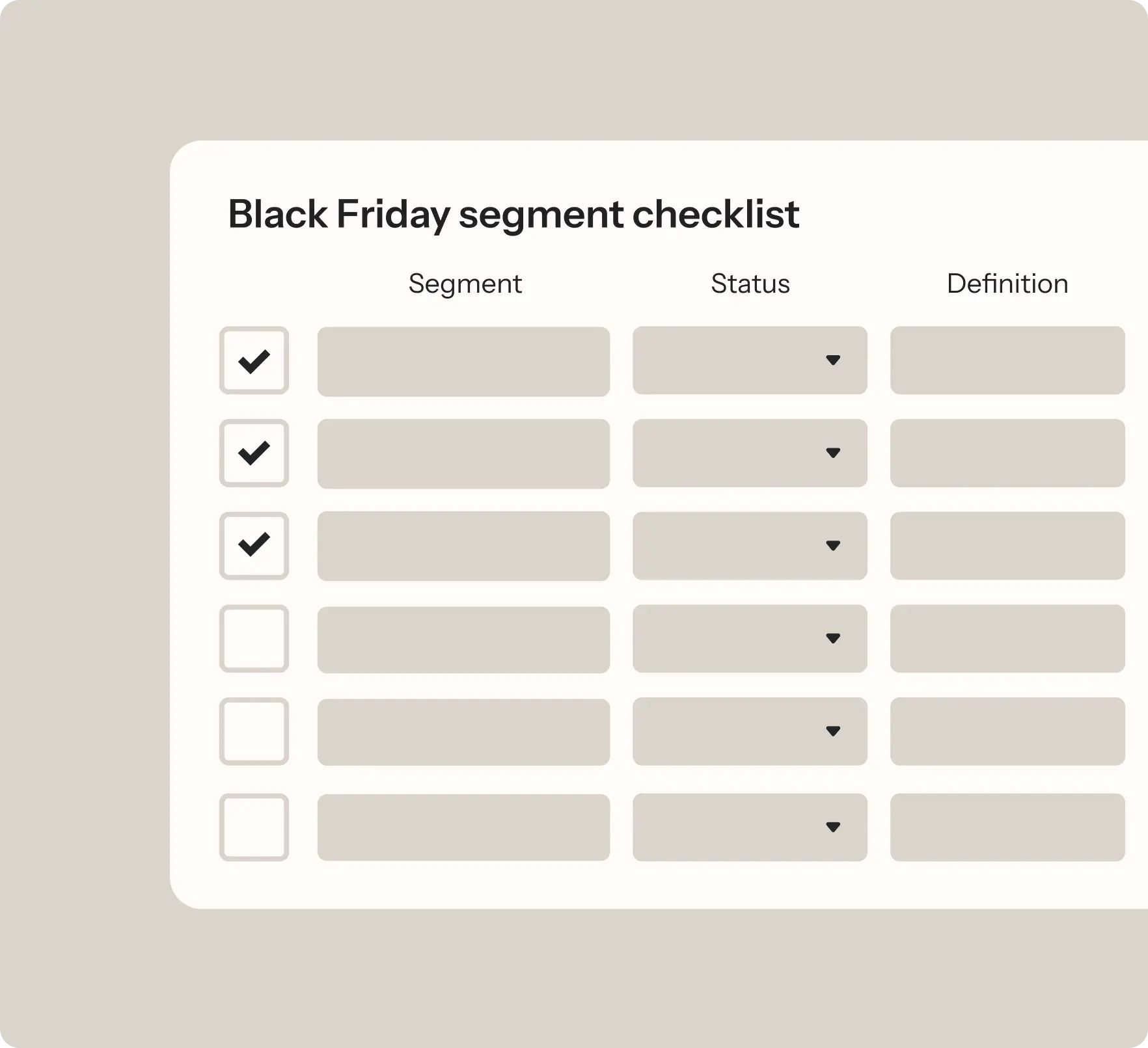 Black Friday segment checklist with columns for segment, status, and definition. Three checkboxes are ticked.