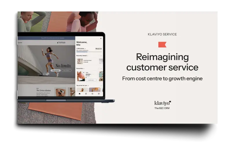 Laptop displaying a customer service dashboard next to text: "Klaviyo Service. Reimagining customer service from cost centre to growth engine." Klaviyo logo at the bottom.