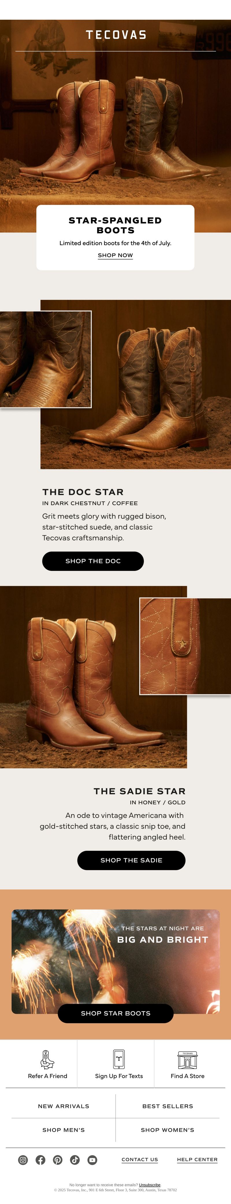 Tecovas email ad for Star-Spangled limited edition cowboy boots for the 4th of July, showing brown and honey-gold boot styles with star stitching.