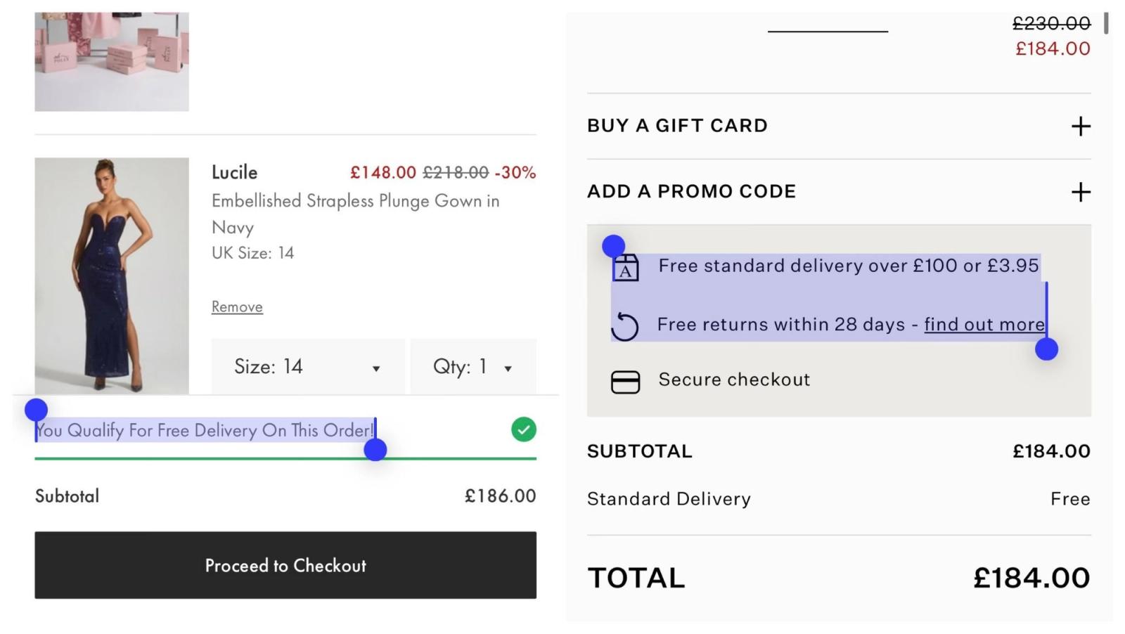 Image shows two carts side by side. On the left, an Oh Polly cart. Highlighted text reads “You Qualify For Free Delivery On This Order!” above a full green progress bar and a green tick, with a subtotal of £186.00 and a “Proceed to Checkout” button. On the right, an AllSaints cart shows highlighted text reading “Free standard delivery over £100 or £3.95” and “Free returns within 28 days.”