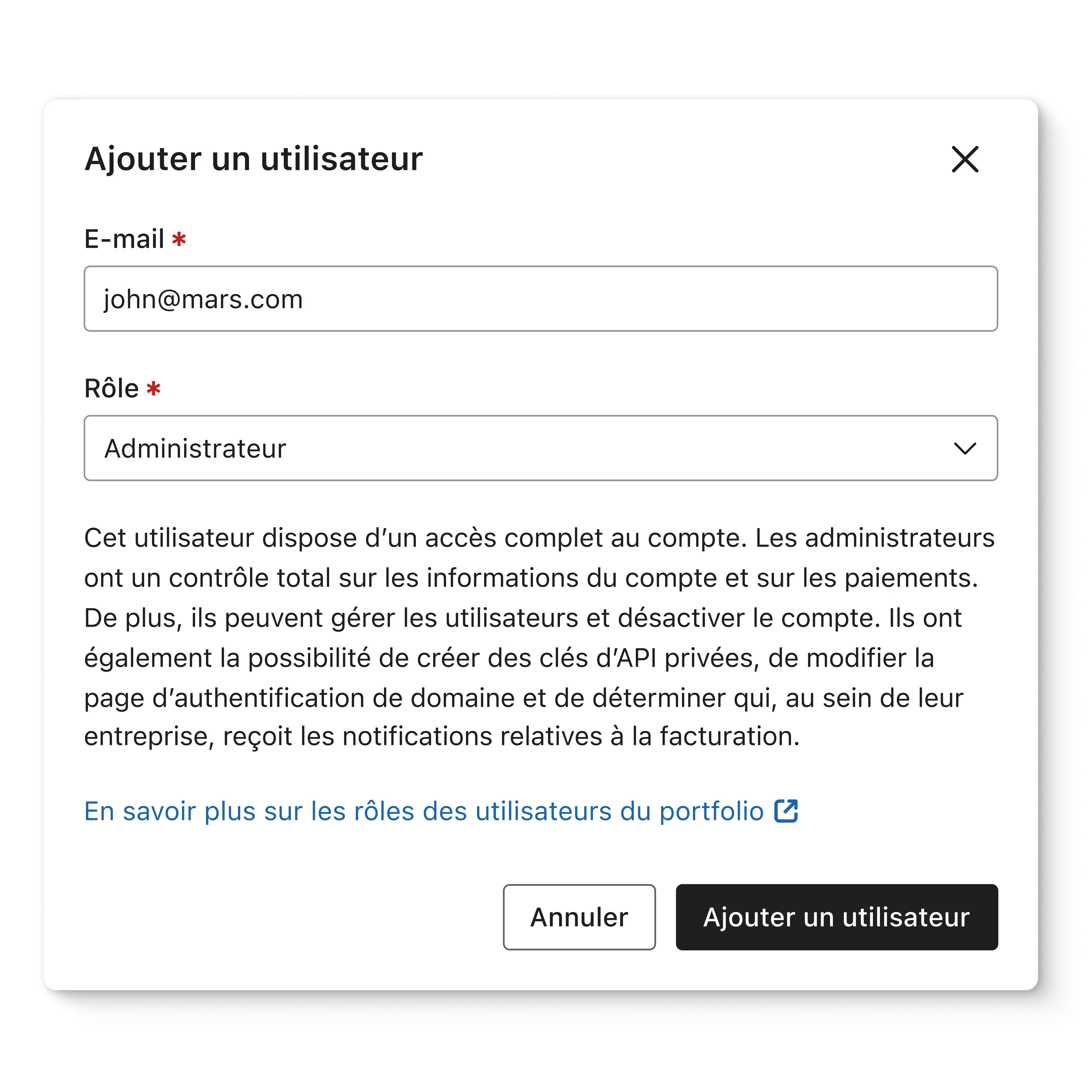 Klaviyo screen for adding new users to your account, with two input fields: email and role.