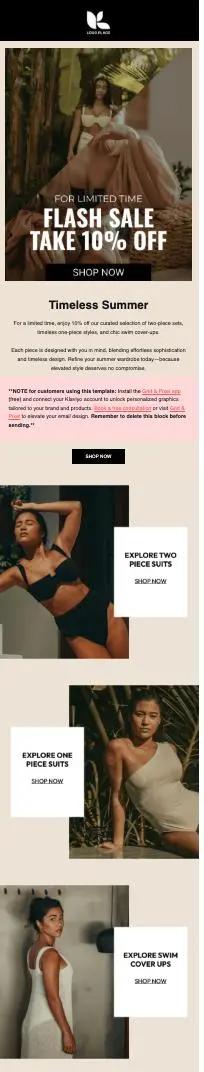 Flash-Sale-Werbung für Sommermode mit 10 % Rabatt. Bilder von Frauen in Badeanzügen und Sommerkleidung. Optionen zum Shoppen.