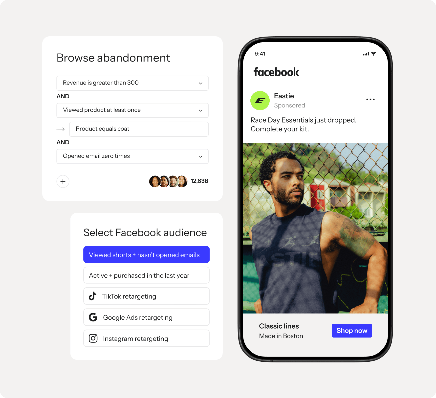 A marketing automation interface for segmenting audiences by behavior and email, with options for retargeting ads on various platforms, shown next to a Facebook ad on a smartphone.