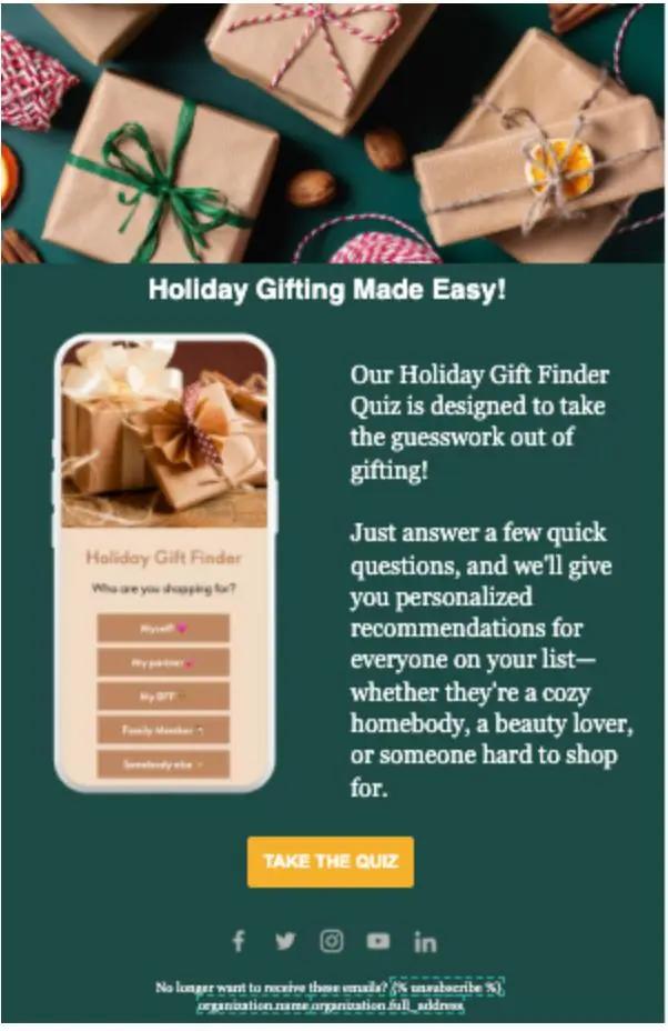Geschenkverpackte Pakete und ein Smartphone mit einem "Holiday Gift Finder"-Quiz. Text: "Holiday Gifting Made Easy!" und "Take the Quiz".