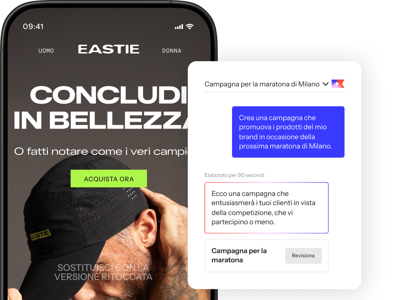 Klaviyo Composer generating a Boston Marathon campaign for Eastie, alongside a phone preview of the finished email