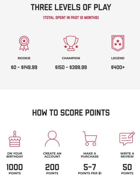 Image showing 3 levels of play including rookie, champion, and Legend. Beneath is shown how players can score points.