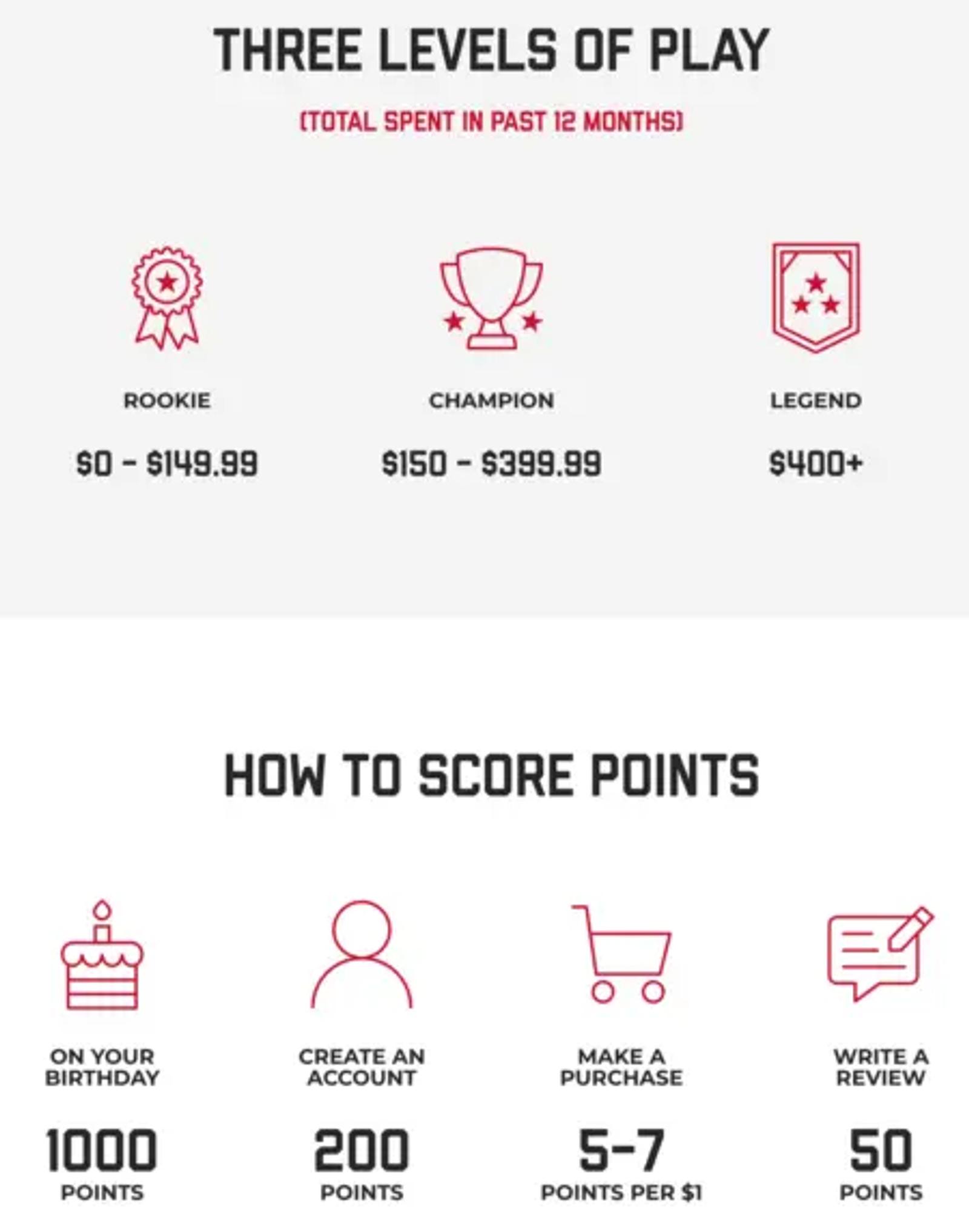 Image showing 3 levels of play including rookie, champion, and Legend. Beneath is shown how players can score points. 
