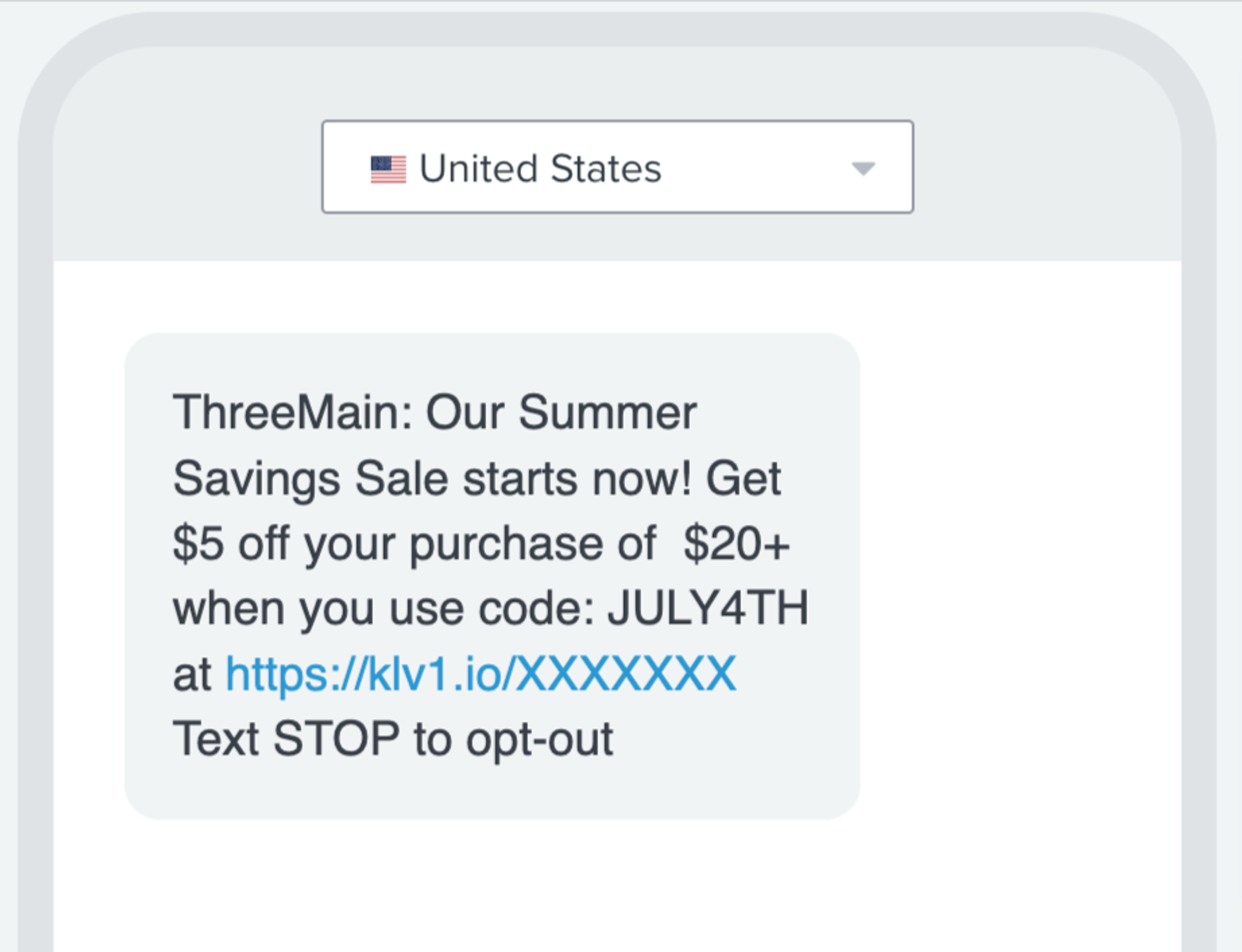 A mobile screen displays an SMS from ThreeMain promoting a "Summer Savings Sale" with $5 off a $20+ purchase using code JULY4TH. A "United States" country selector is visible above the message.