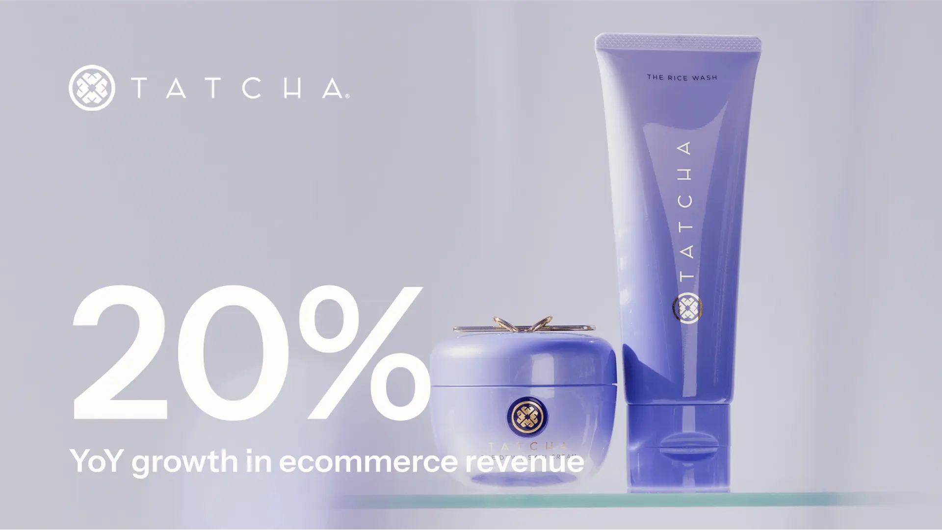 Photograph of Tatcha's products with white text that reads "20% YoY growth in ecommerce revenue."