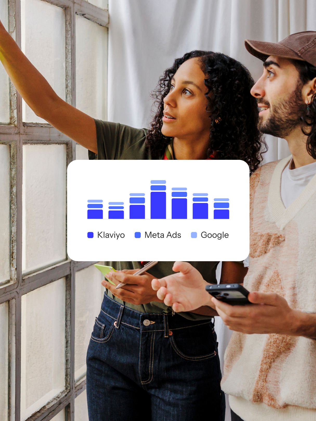 Two marketers collaborate beside a chart comparing Klaviyo, Meta ads, and Google.