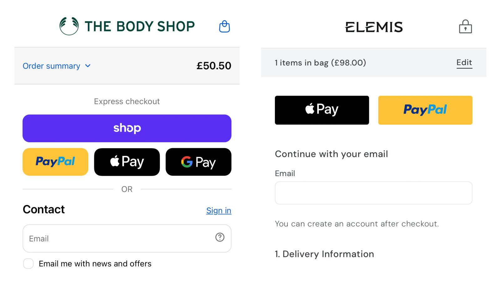 Image shows two mobile check-outs side by side. On the left, a The Body Shop check-out shows an order summary of £50.50, then an express check-out block with Shop Pay, PayPal, Apple Pay, and Google Pay buttons, an “OR” divider, and a “Contact” section with an email field. On the right, an ELEMIS check-out shows one item in the bag at £98.00, Apple Pay and PayPal buttons, then an email field.