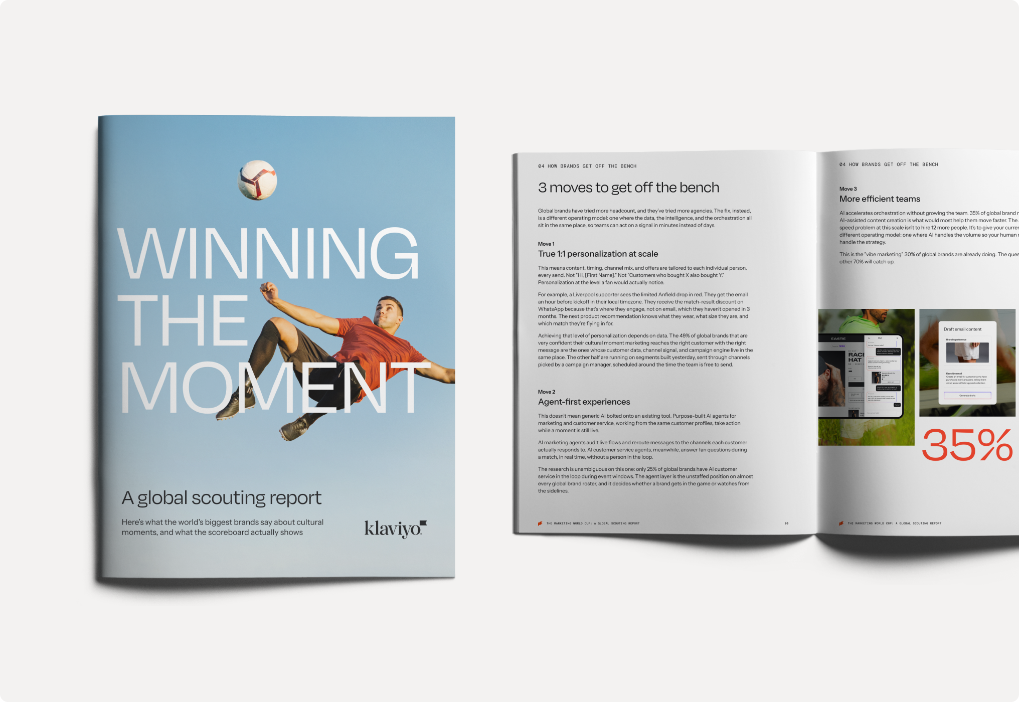 Klaviyo report titled "Winning the Moment" with a soccer player on the cover, open to pages discussing "3 moves to get off the bench" and displaying mobile screenshots with "35%".