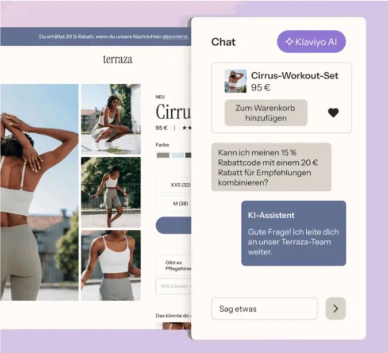 Screenshot eines KI-Chat-Assistenten von Klaviyo auf einer E-Commerce-Website. Das Chat-Fenster zeigt eine Produktempfehlung für ein Workout-Set und eine Kundenanfrage zur Kombination von Rabattcodes. Der KI-Assistent antwortet, dass er die Anfrage an das Team weiterleitet. Im Hintergrund ist die Produktseite der Marke „Terraza“ sichtbar.