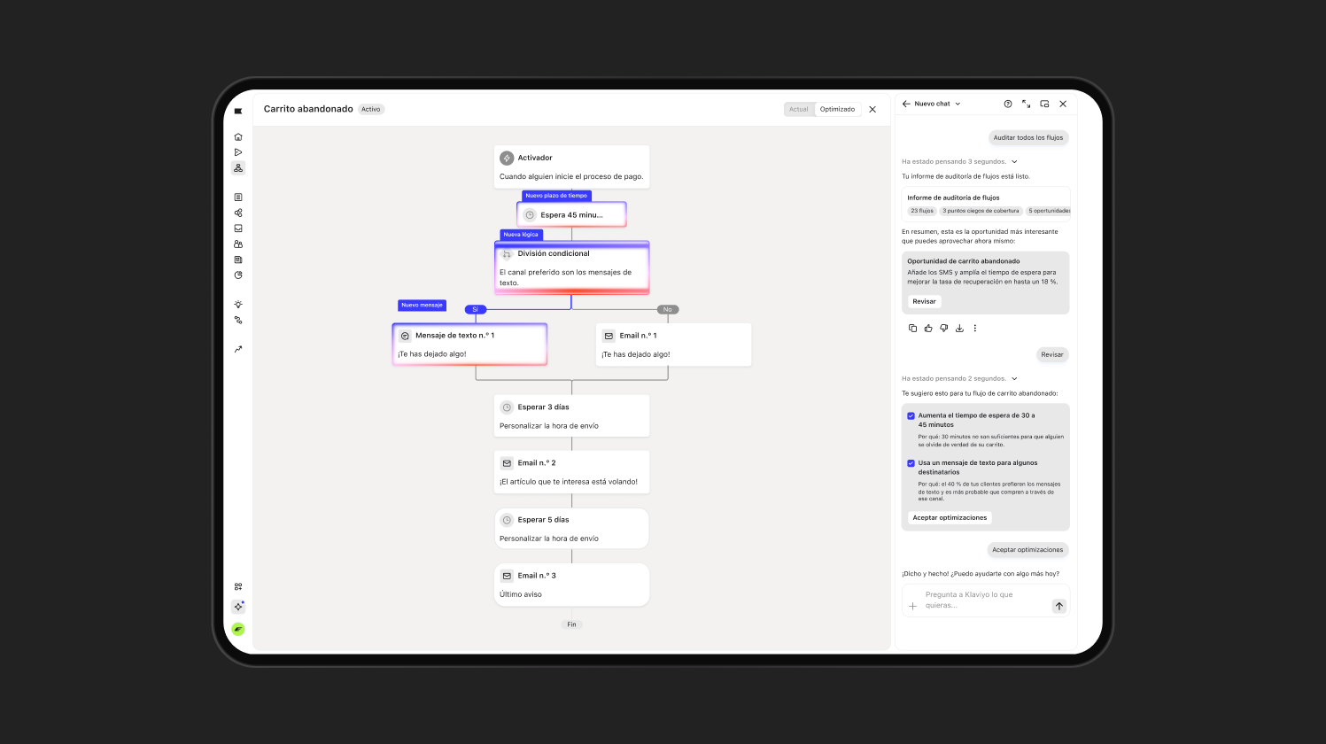 Tablet displaying an abandoned cart automation workflow with branching steps for messages, emails, and delays, and an optimization panel.
