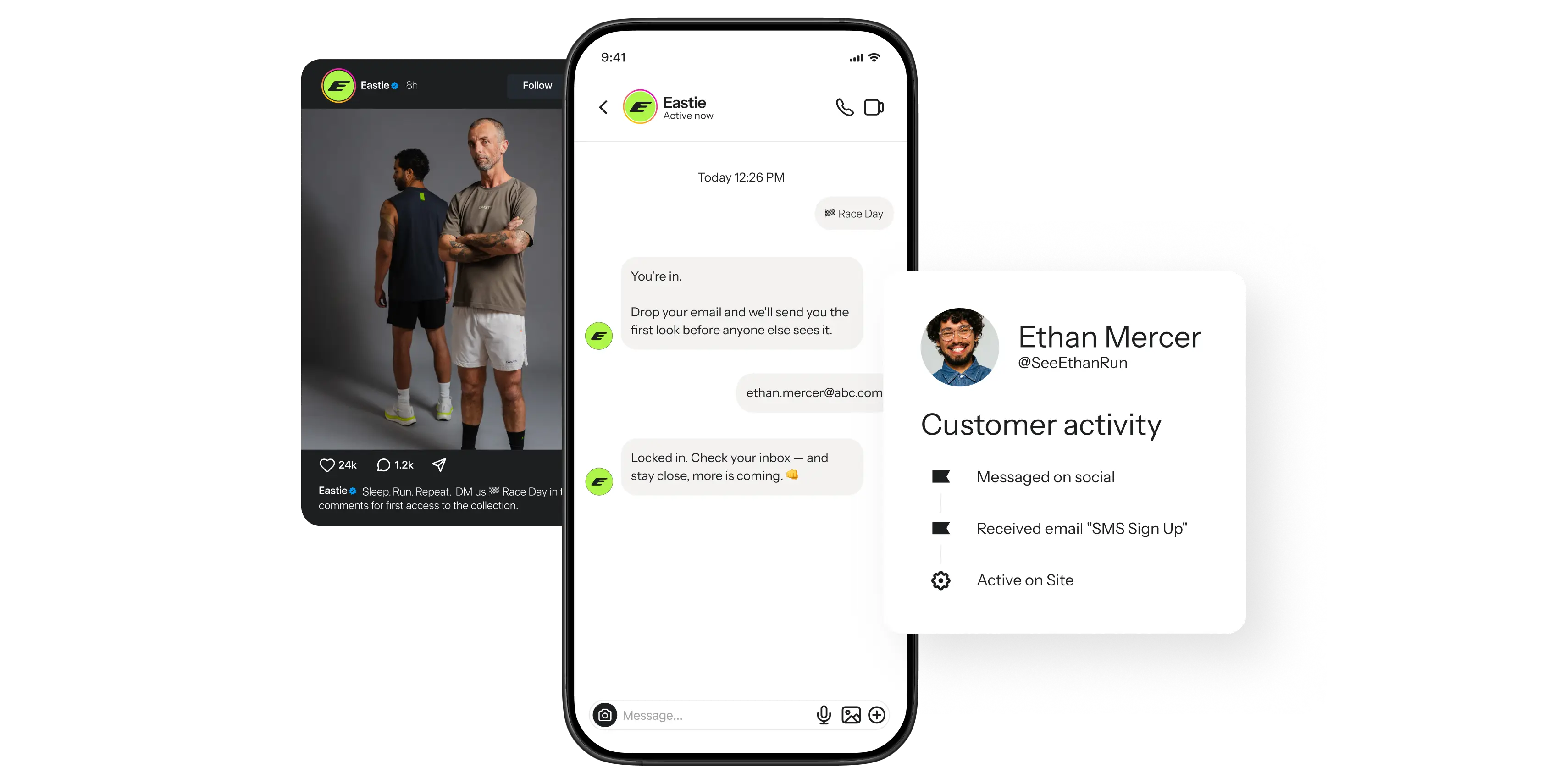 Social post and chat with Eastie alongside an Ethan Mercer customer activity profile.