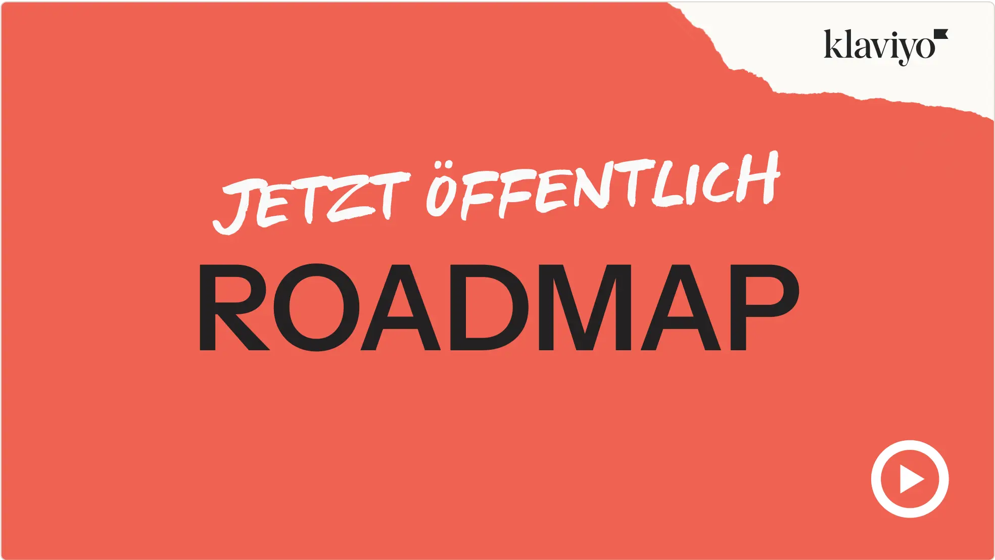 Text: "JETZT ÖFFENTLICH ROADMAP". Klaviyo-Logo oben rechts. Play-Symbol unten rechts.