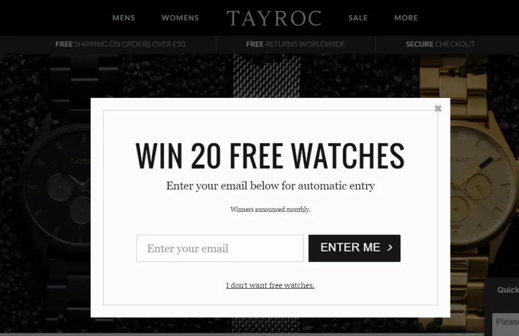 exit popup that tells people they have a change to win watches