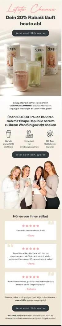 Letzte Chance für 20% Rabatt auf Shape Republic Produkte. Bild von Shakes, Frauen mit Shakes, und Kundenbewertungen.