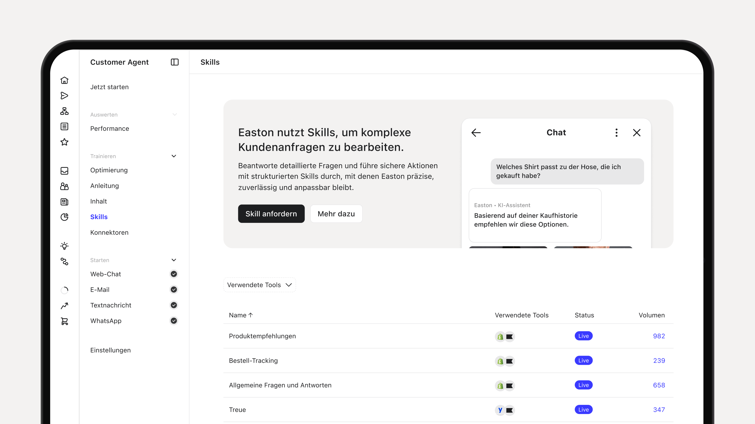 Customer Agent dashboard showing AI skills, a customer chat preview, and a table of live tools and usage volumes.