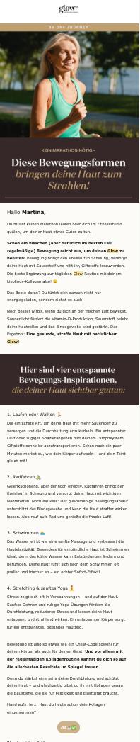 Informativer Newsletter zum Thema Bewegung und Hautgesundheit. Zu sehen ist eine Frau beim Joggen im Freien sowie Textabschnitte über Bewegungsformen wie Laufen, Radfahren, Schwimmen und Stretching zur Unterstützung einer strahlenden Haut.