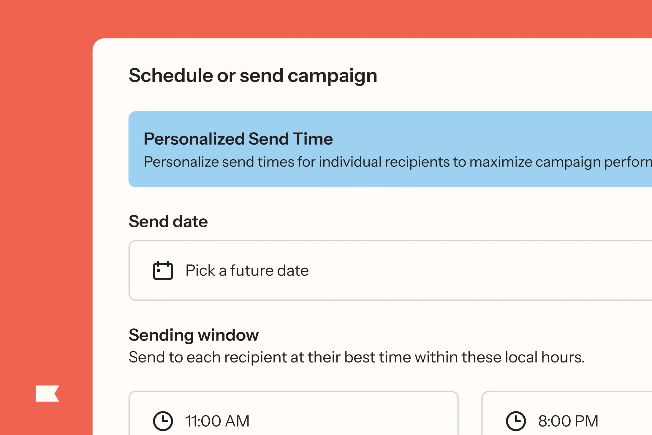 Campaign scheduling form with personalized send time, future date picker, and sending window fields.