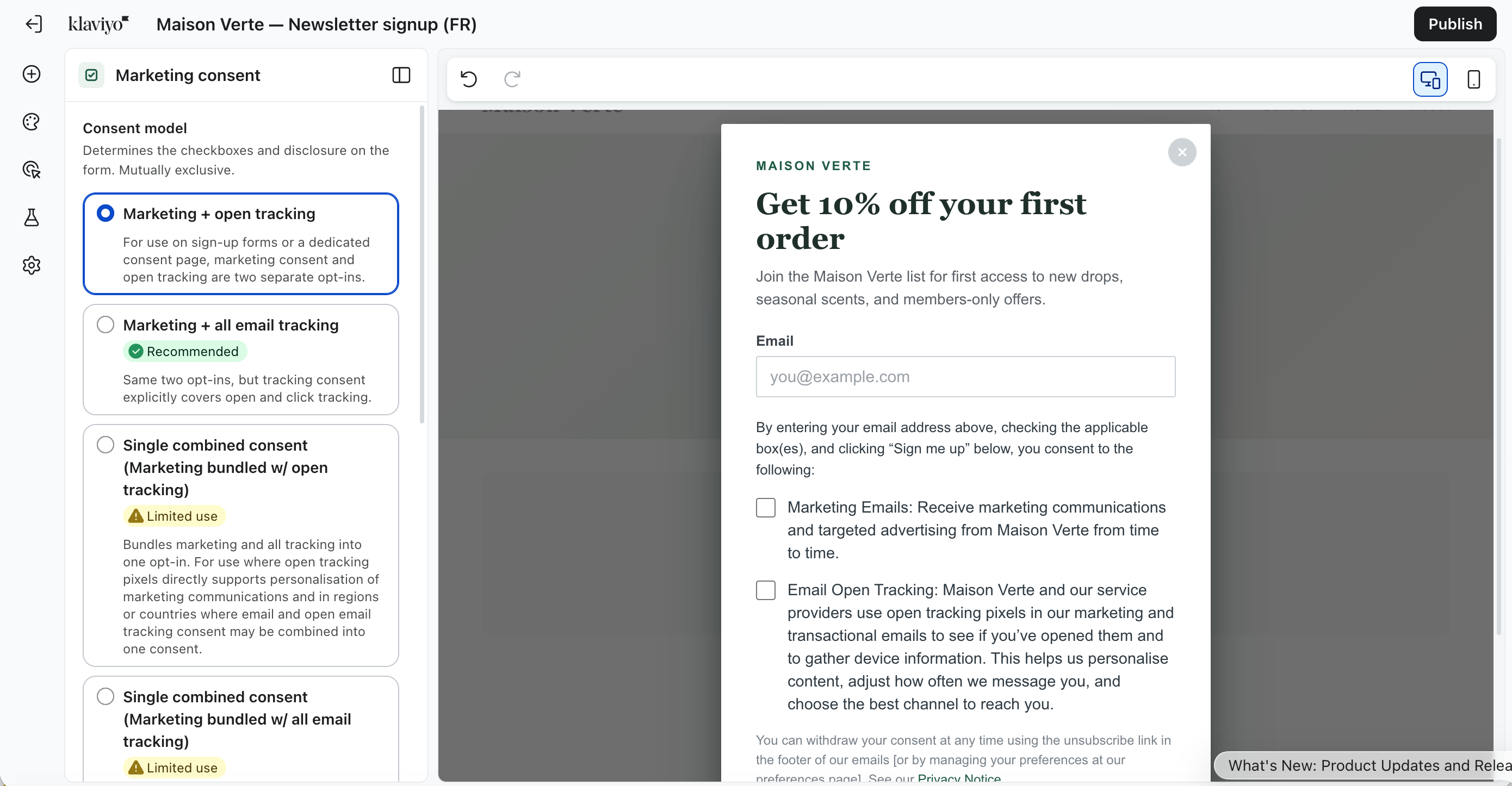A software interface showing marketing consent settings on the left and a Maison Verte newsletter signup pop-up on the right, offering 10% off and email tracking options.