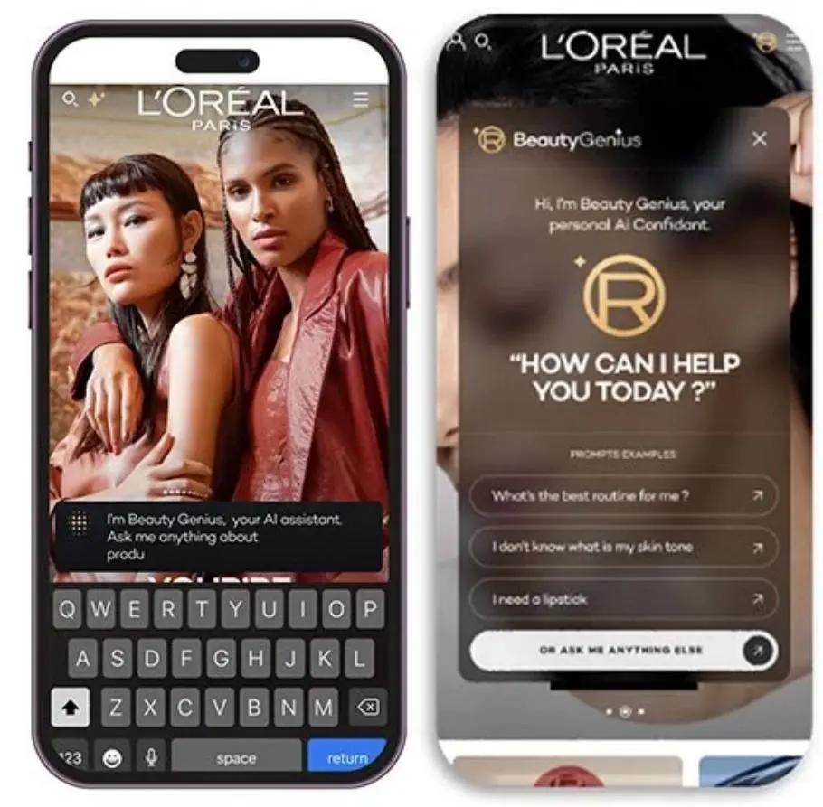 Capture d’écran de l’assistant conversationnel Beauty Genius de L’Oréal Paris sur mobile. Deux écrans sont visibles : l’un montrant l’interface de chat avec une invite « Posez-moi n’importe quelle question sur les produits », et l’autre affichant des options interactives comme « Quelle est la meilleure routine pour moi ? », « Je ne connais pas mon type de peau » ou encore « J’ai besoin d’un rouge à lèvres ». L’interface combine intelligence artificielle générative, recommandations personnalisées et expérience beauté immersive.