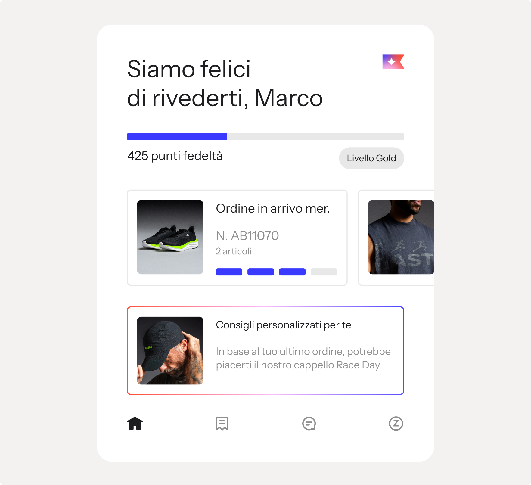 Mobile app screen showing a welcome message, loyalty points, an incoming order for running shoes, and personalized product recommendations.