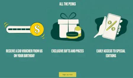 Image showing the 3 perks of joining The Body Shop's loyalty program.
