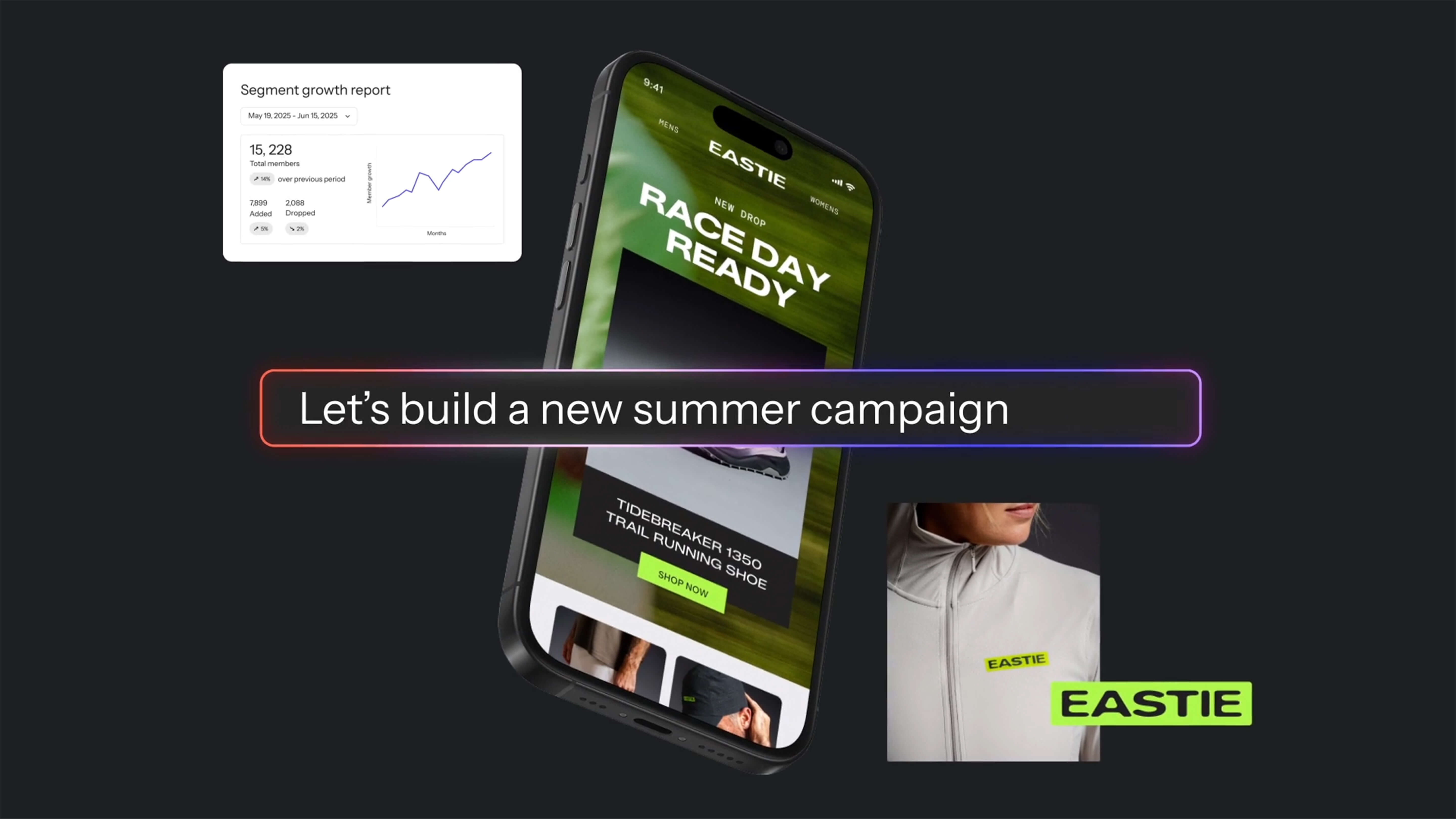 A smartphone displaying the EASTIE e-commerce site, a growth report, and "Let's build a new summer campaign" text.