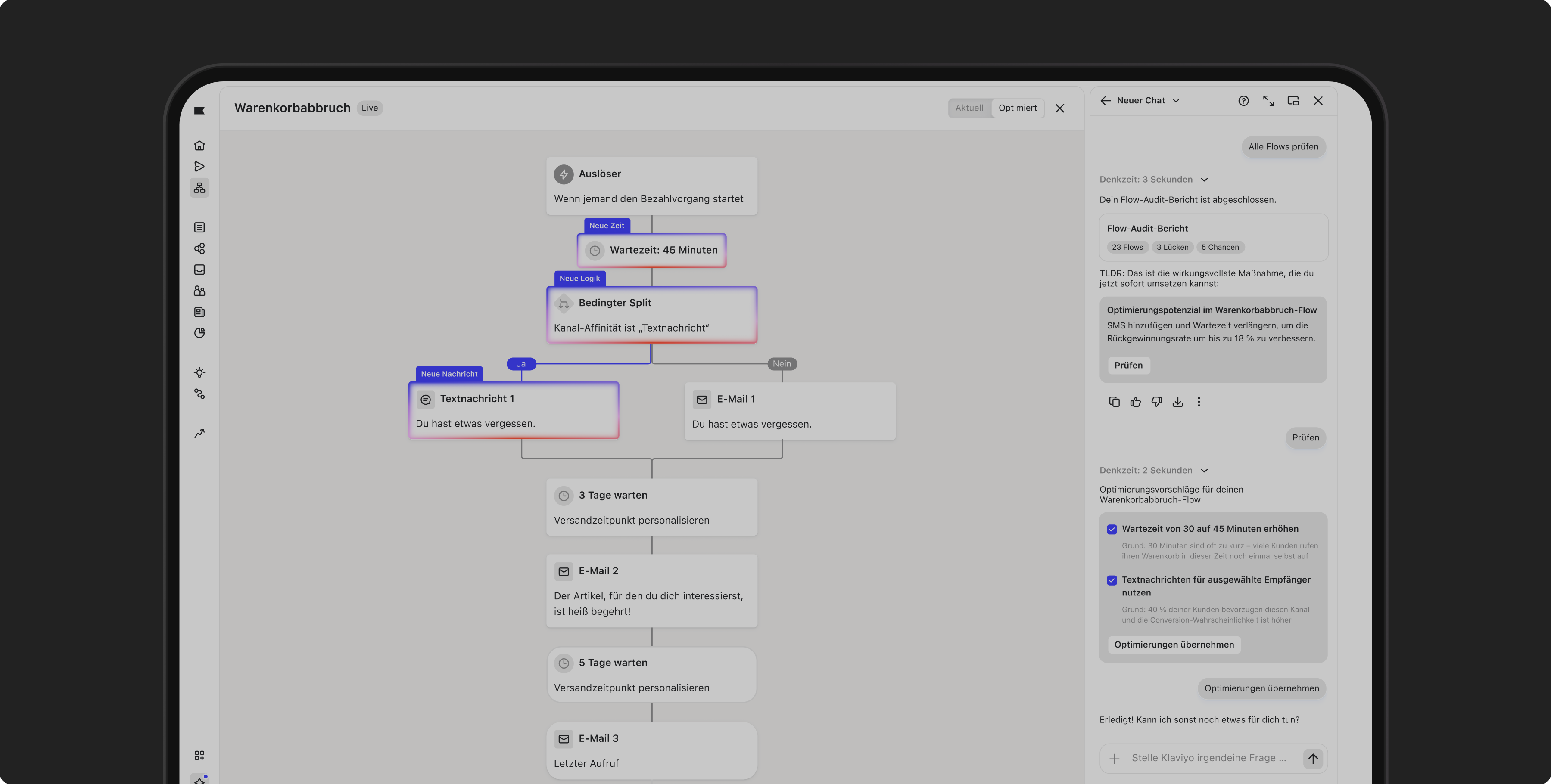 A software interface displaying a flow chart for a shopping cart abandonment campaign, with a sidebar showing optimization suggestions.