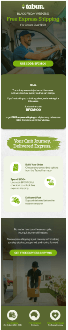 Tabuu Black Friday Weekend email offering free express shipping on pharmacy orders over $100, illustrated with delivery drivers.