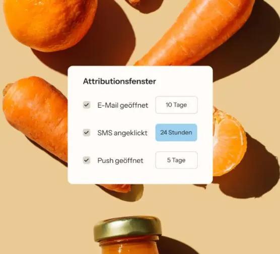 Attributionsfenster mit Optionen für E-Mail, SMS und Push-Benachrichtigungen, umgeben von Karotten und Orangen.