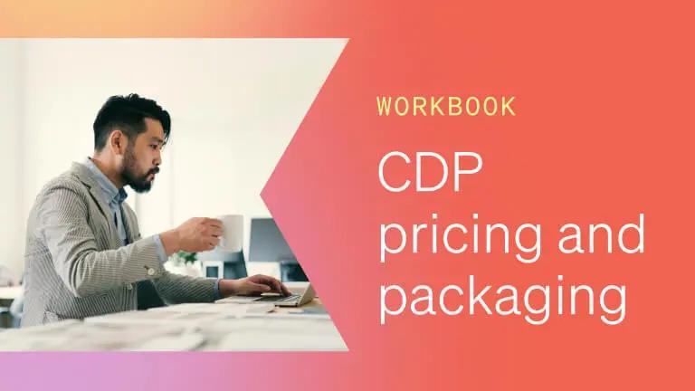 To the left, a man works at his laptop and lifts a white mug. To the right, the text reads "Workbook: CDP pricing and packaging."