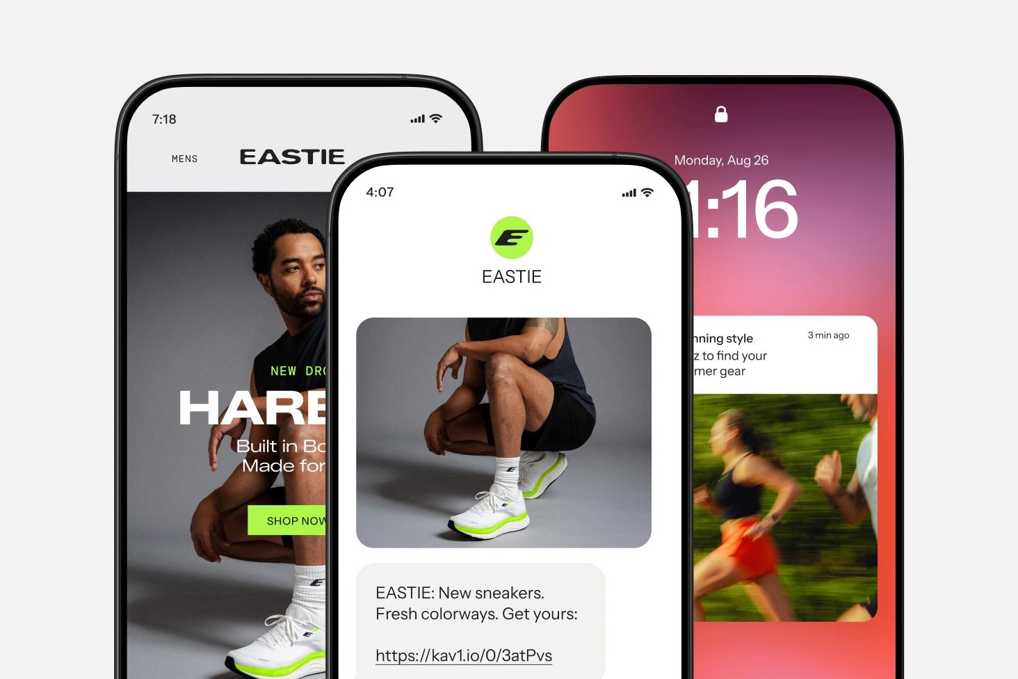 Three smartphones display EASTIE athletic shoe ads, a promotional message, and a running-themed notification.