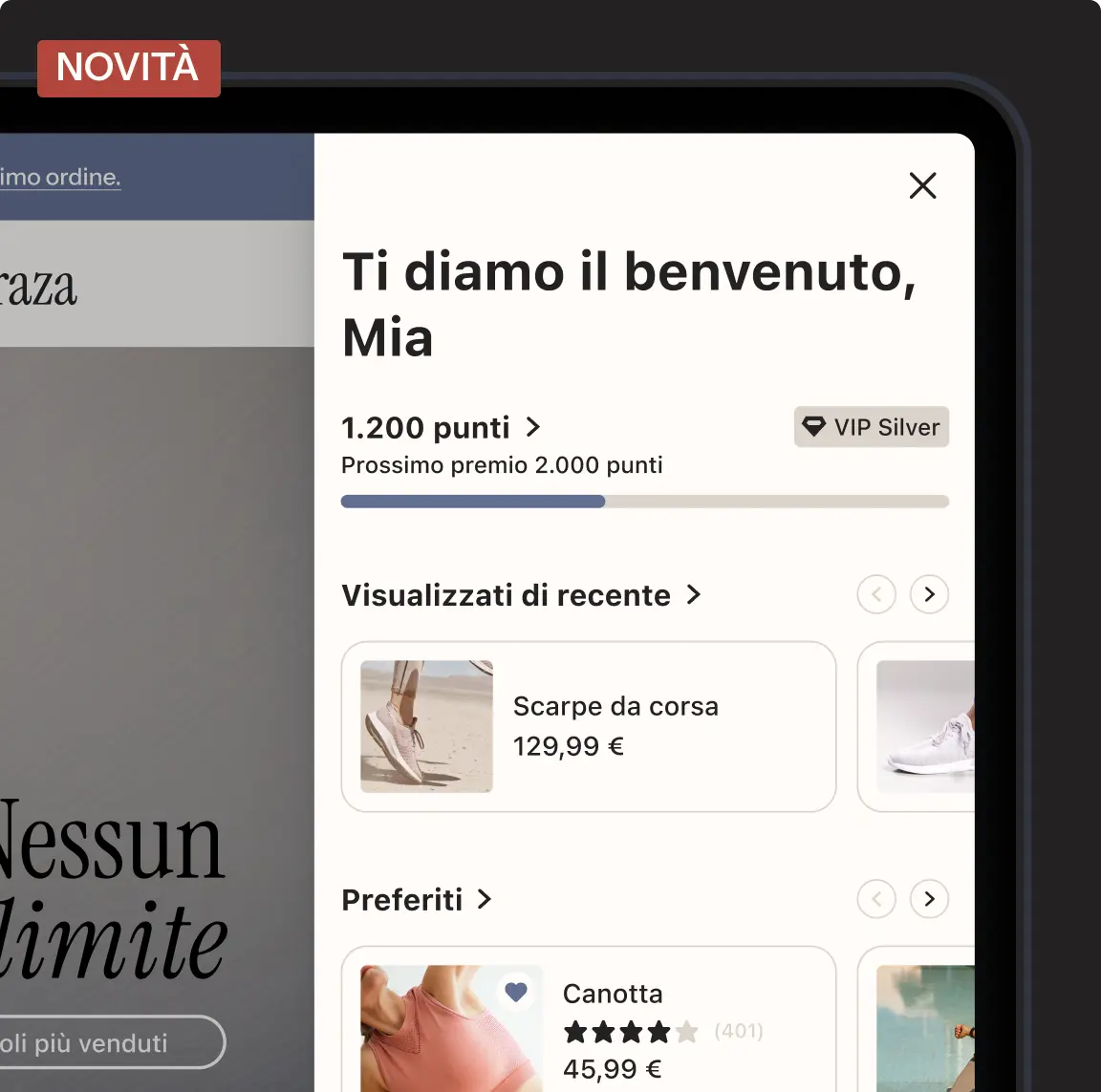Schermata di un'app con messaggio di benvenuto, punti fedeltà, e prodotti recenti e preferiti come scarpe da corsa e canotta.