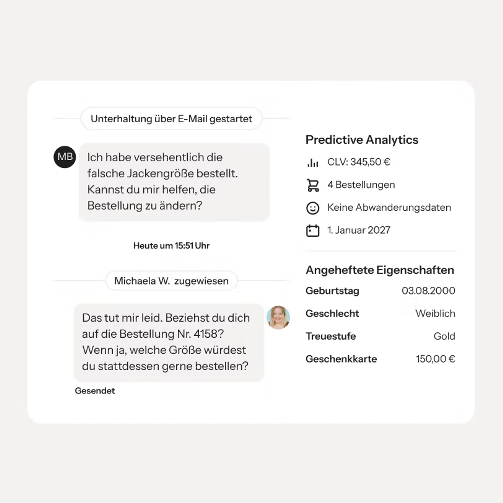 Kundenservice-Chat mit einem Kunden, der eine Jackenbestellung ändern möchte, sowie ein Bereich, der Kundenanalysen und Profilinformationen anzeigt.