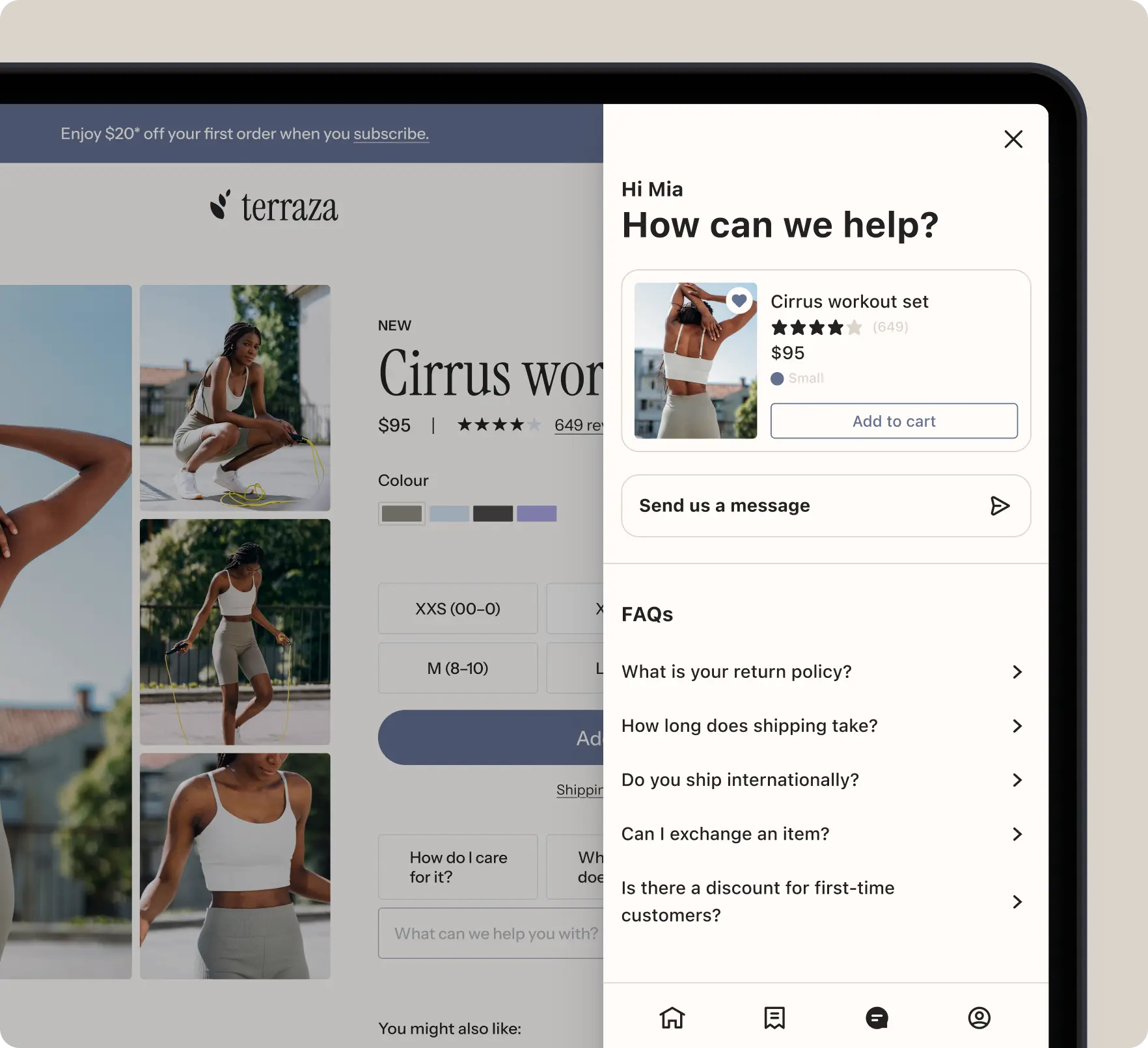 Online shopping interface for a "Cirrus workout set" priced at $95, with a chat support window offering FAQs and messaging options.