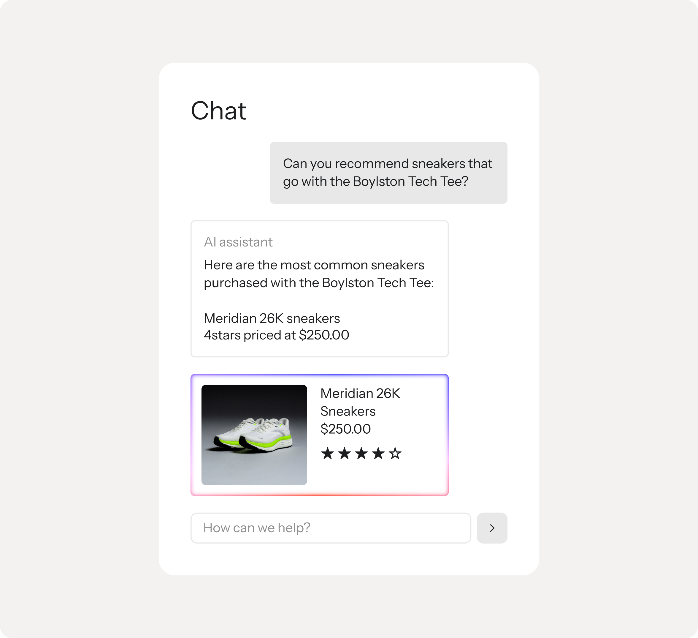 A chat interface showing an AI assistant recommending "Meridian 26K Sneakers" for $250.00 with a 4-star rating in response to a user's query.