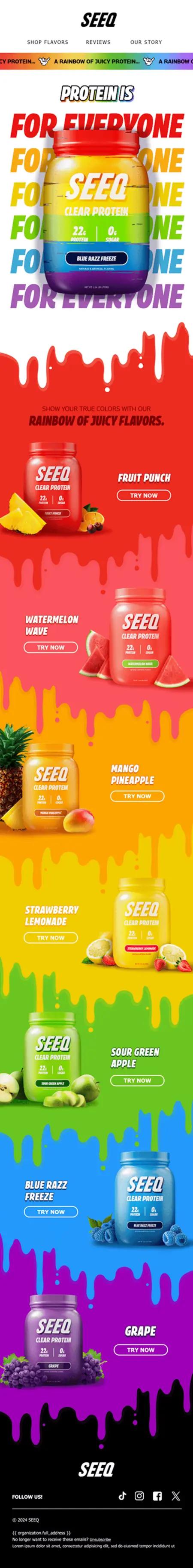 Image shows a very boldly colored marketing email from Seeq, with products every color of the rainbow.