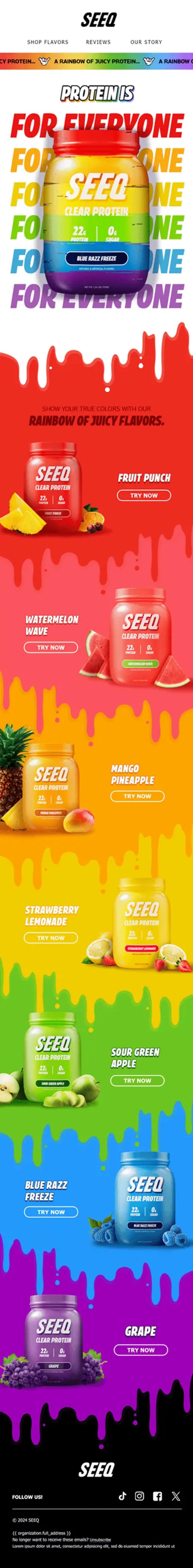 Image shows a very boldly colored marketing email from Seeq, with products every color of the rainbow.