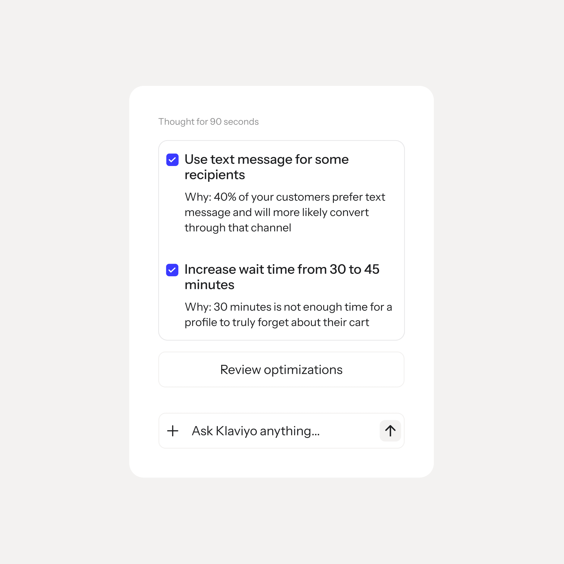 Klaviyo AI interface showing marketing optimizations: 'Use text message for some recipients' and 'Increase wait time from 30 to 45 minutes'.