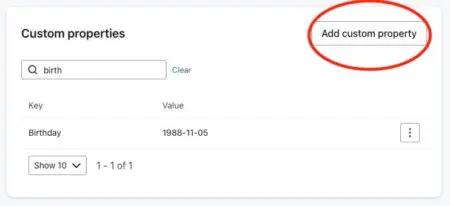 Image shows a product screen in Klaviyo that allows you to add a custom property from information you’ve pulled in from Shopify.