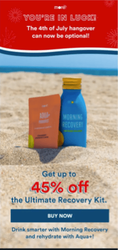 Morning Recovery bottle and Aqua+ pouch on a sandy beach. Text: "The 4th of July hangover can now be optional!" and "Get up to 45% off the Ultimate Recovery Kit."