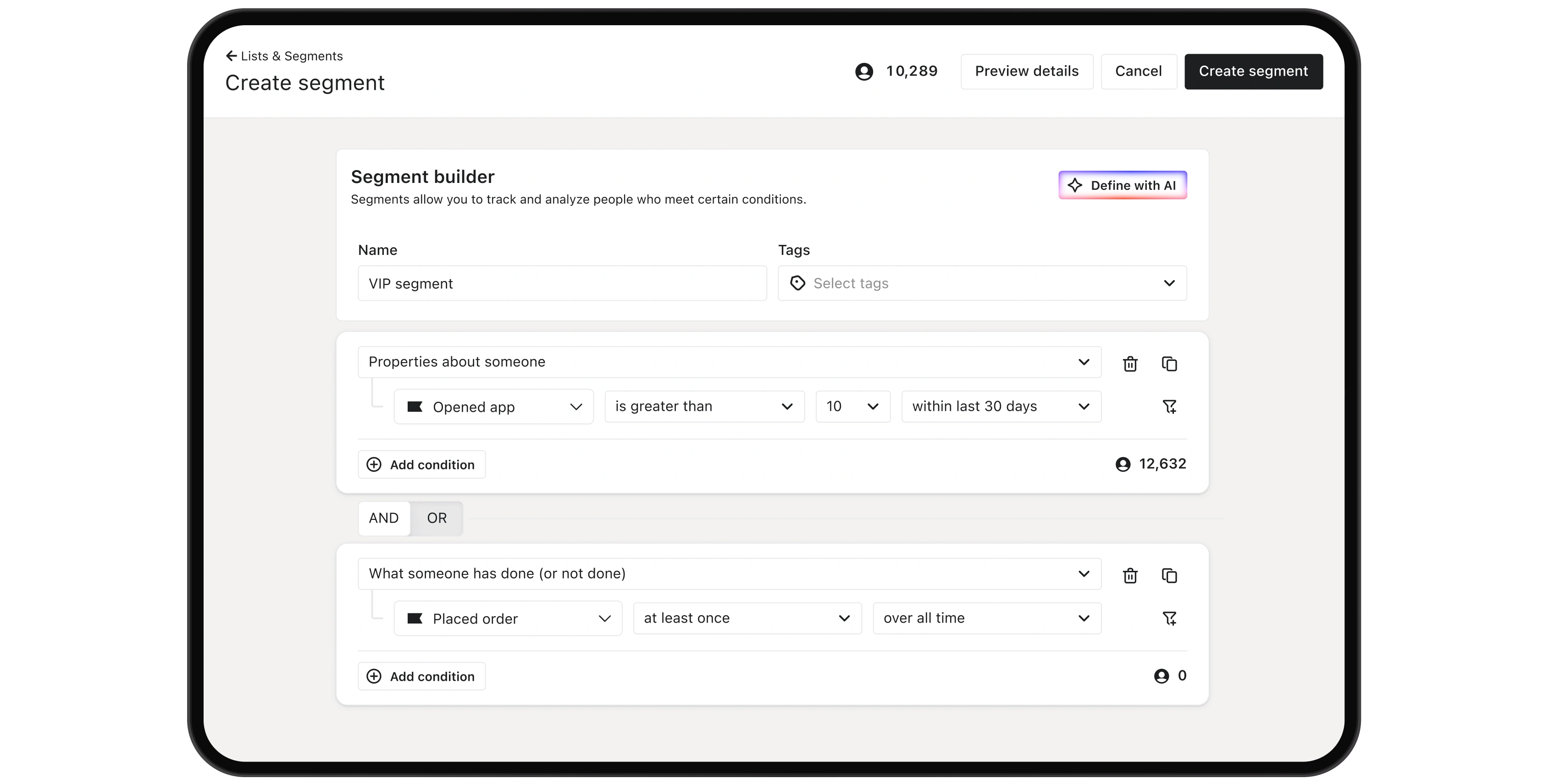 Segment builder interface with AI definition and conditions for app opens and placed orders.